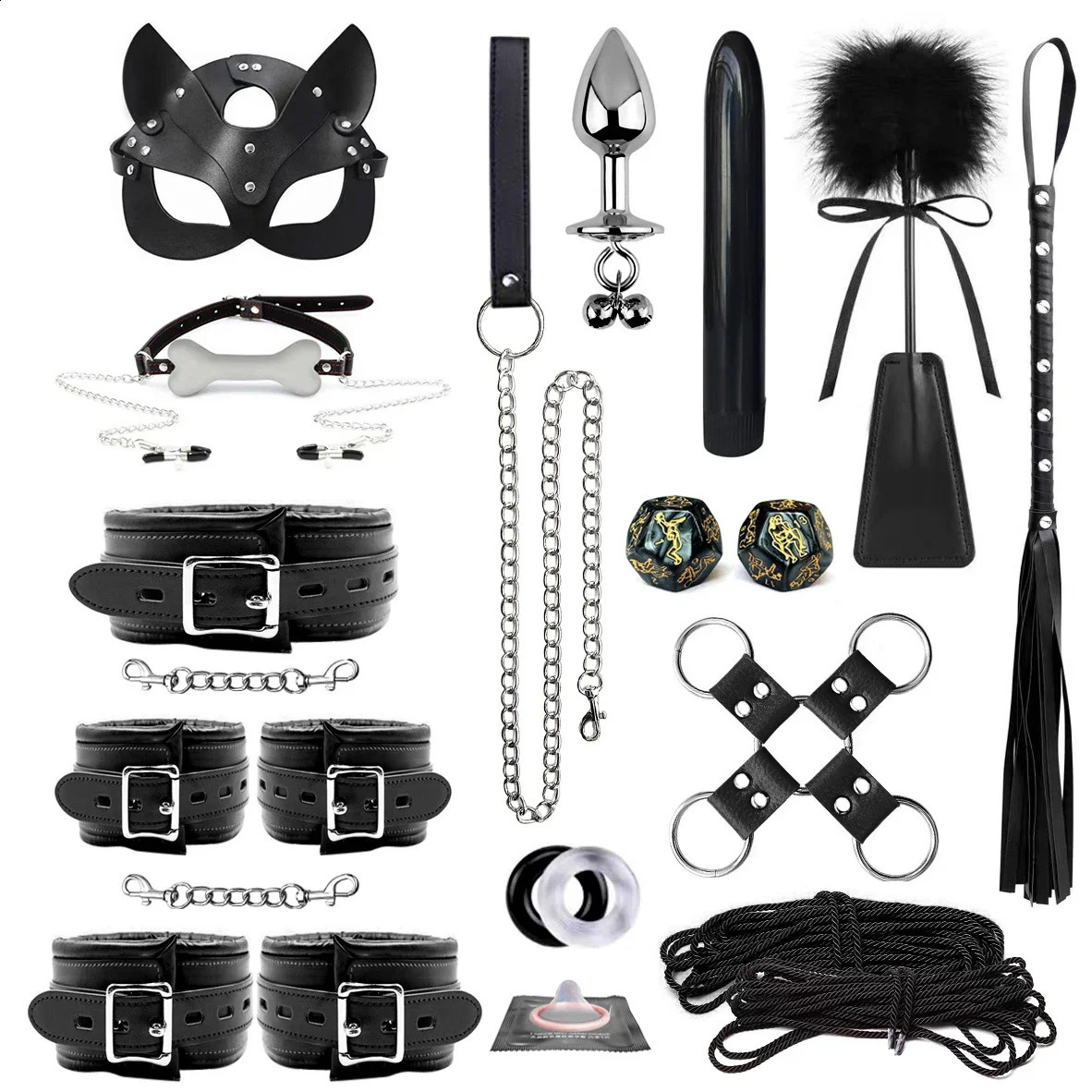 BDSM Bondage Restraint Set Sex Handcuffs Whip Anal Beads Butt Plug Anal Plug Bullet Vibrator Sex Toys for Woman Adult S M Fetish 241226