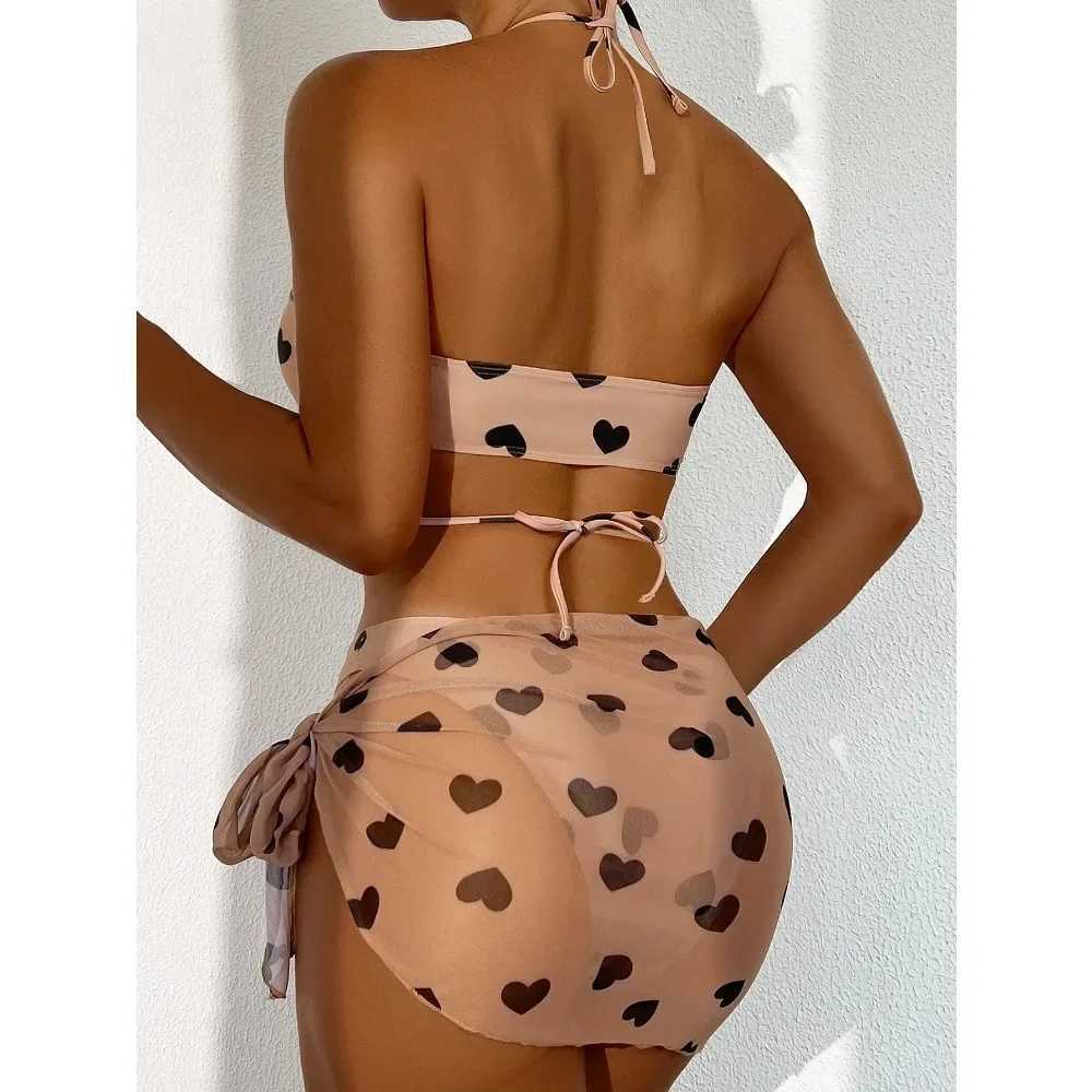 3 pieces of heart-shaped printed camisole bikini swimsuit and beach skirt sexy swimsuit for women 2024 swimsuit for women summer swimsuitW241225