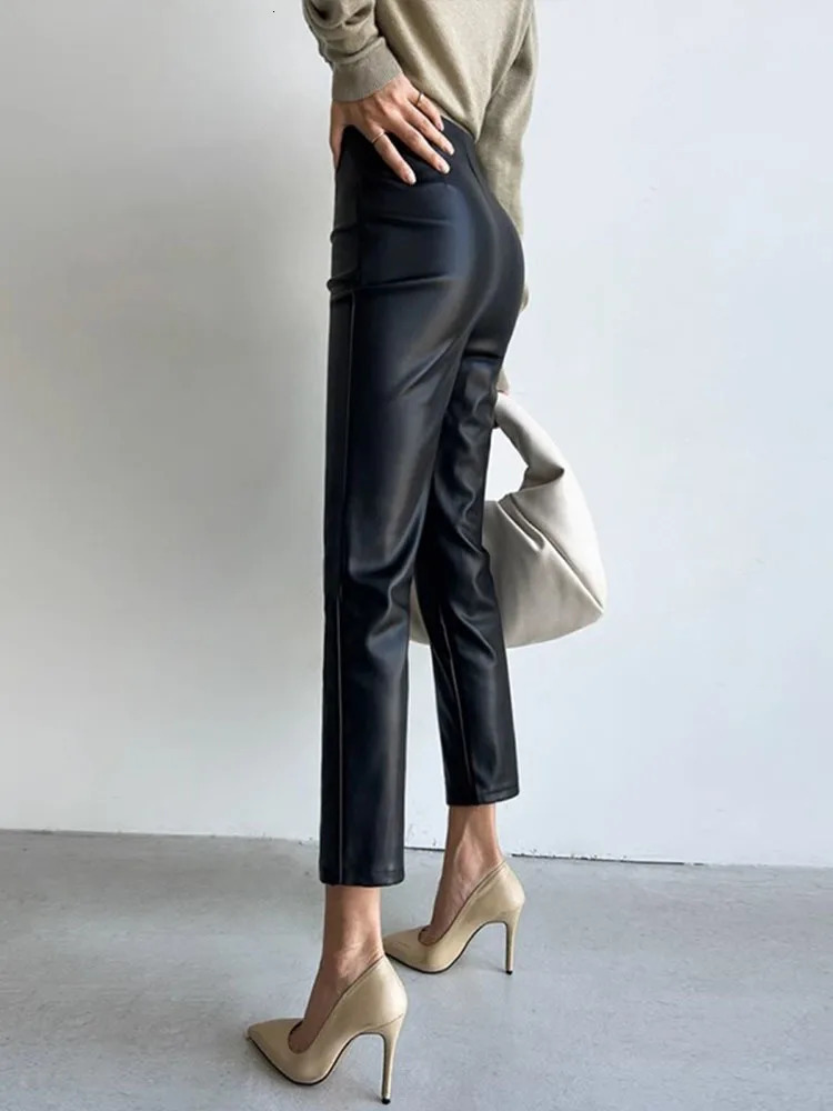 PU Autumn Winter Leather Pencil Pant Women Bodycon Fashion Office High Waist Ladies Trousers Casual Woman Pants 241223