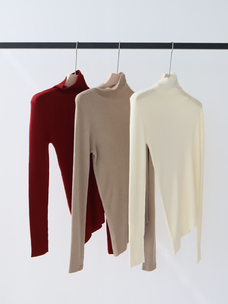 9484v1 Luxurious Asymmetric High Neck Wool Blend Sweater with Beveled Edges Perfect for Cold Seasons