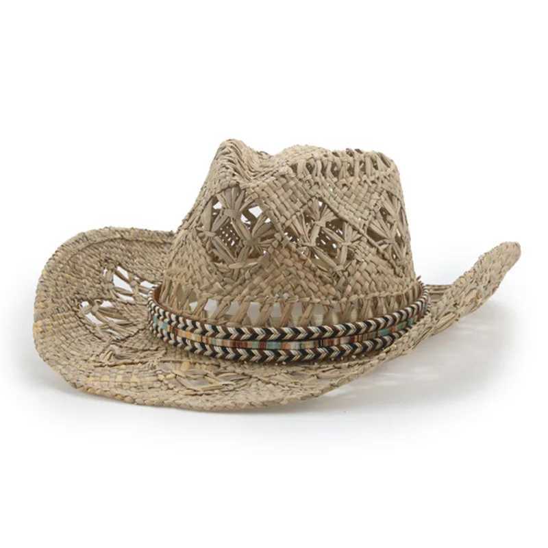 Spring and Summer Handmade Knitted Rolling Brim Cowboy Hat Western Beach Sun Hat Party C Hollow Ethnic Style Jazz Hat W241225