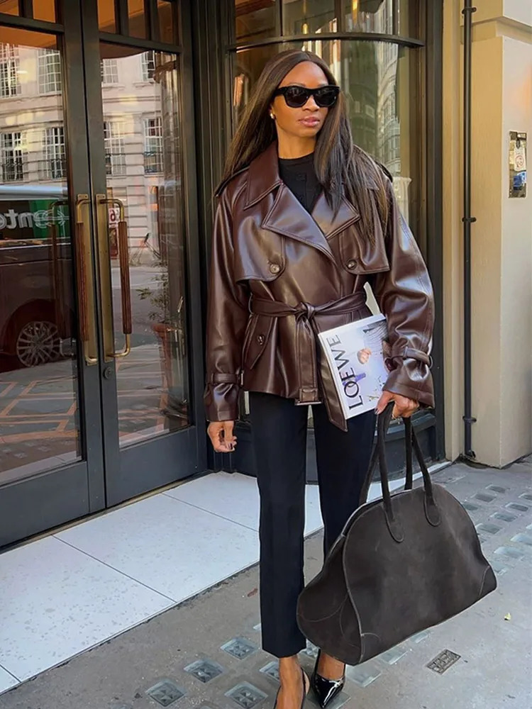 Retro Deep Brown Lace Up Lapel Leather Jacket Women Chic Long Sleeve Button Pocket Slim Coat Lady Winter High Street Outwear 241225