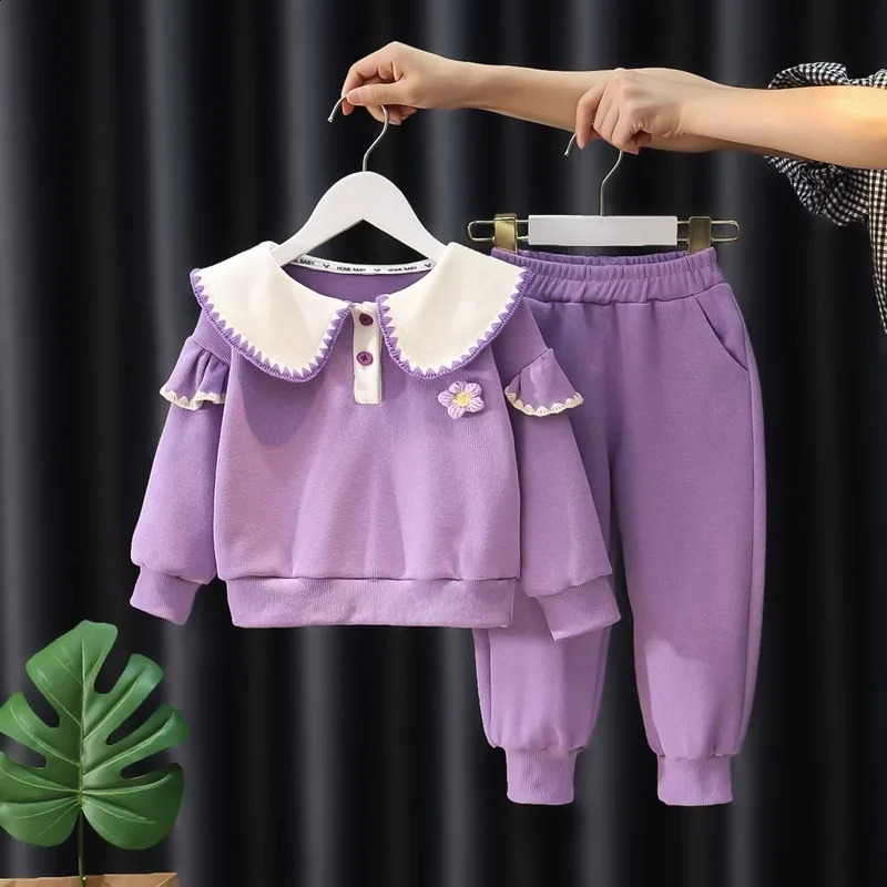 Autumn Kid Girls Clothes Set Mandarin Collar Sweatshirts Pullover Top and Pants Bottom 2 Pieces Suit Children Girl Sweet Outfits 241225