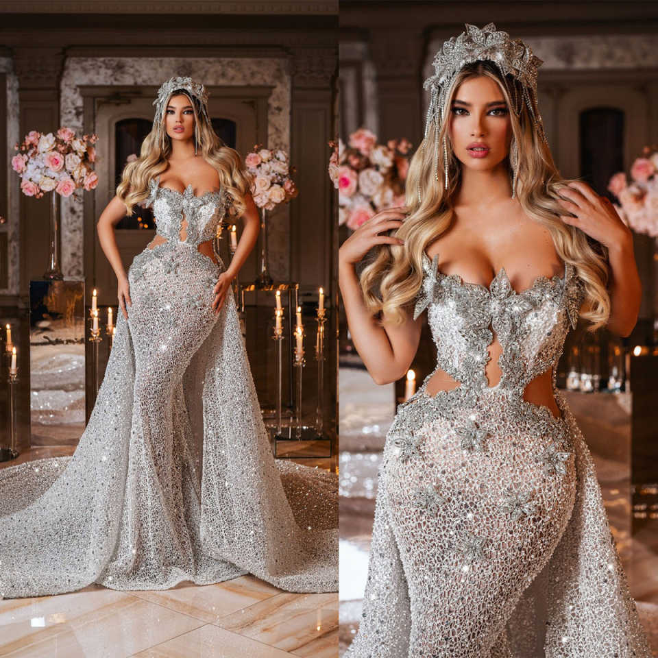 Crystal Sexy Wedding Dress Mermaid Beading Rhie Bridal Gowns With Overskirts Sleevesless Bride Dresses Customized Plus Size Vestido De Novia es