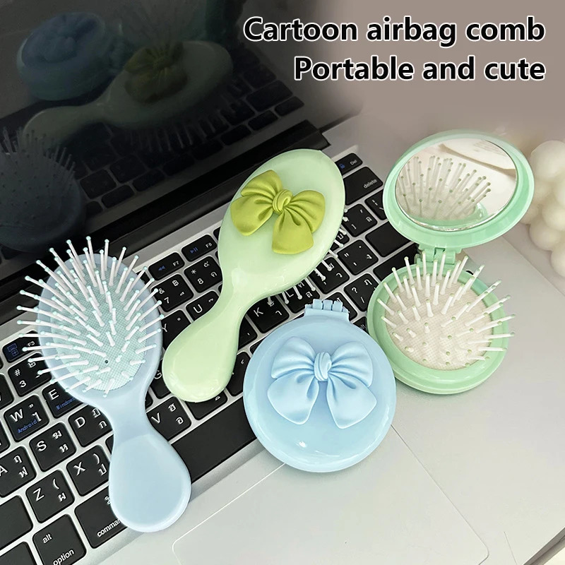 Cute Handheld Folding Massage Comb With Makeup Mirror Travel Portable Plastic Airbag Small Hair Brush Bow Tie Air Cushion Comb 241225