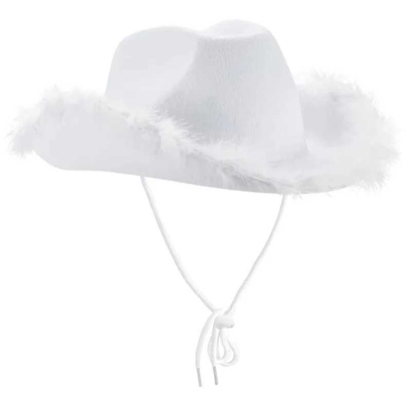 Fashionable Western Womens Cowboy Hat Fluffy Feather Brim Cowboy Girl Cs Halloween Carnival Singles Party Role Playing Cowboy Hat W241225