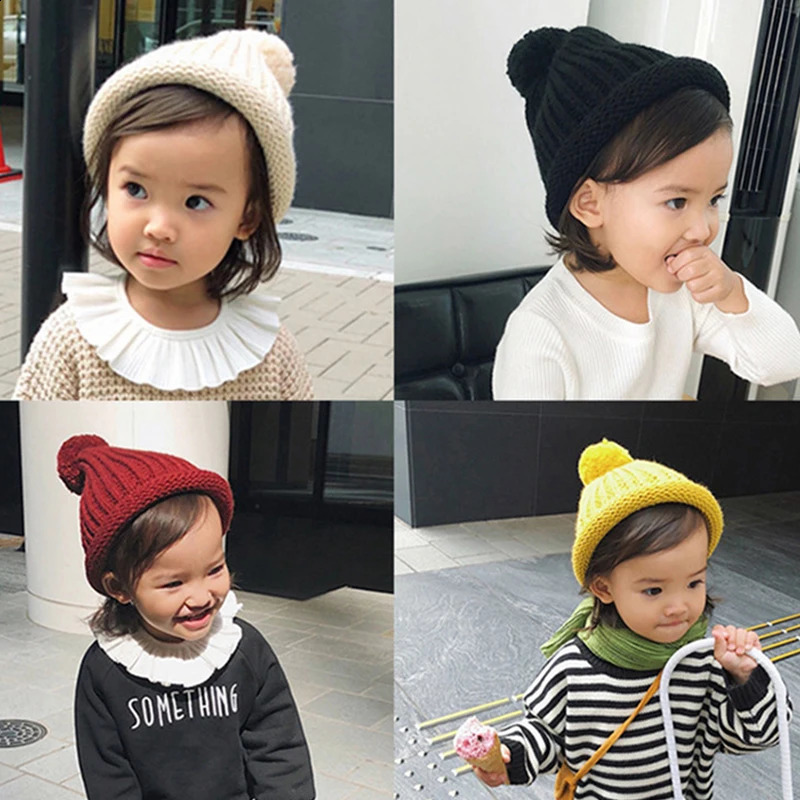 Baby Knitted Winter Hat Boys Girls Pompom Cap Crochet Candy Color Toddler Beanie Infant Kids Children Hairball Hats 241225