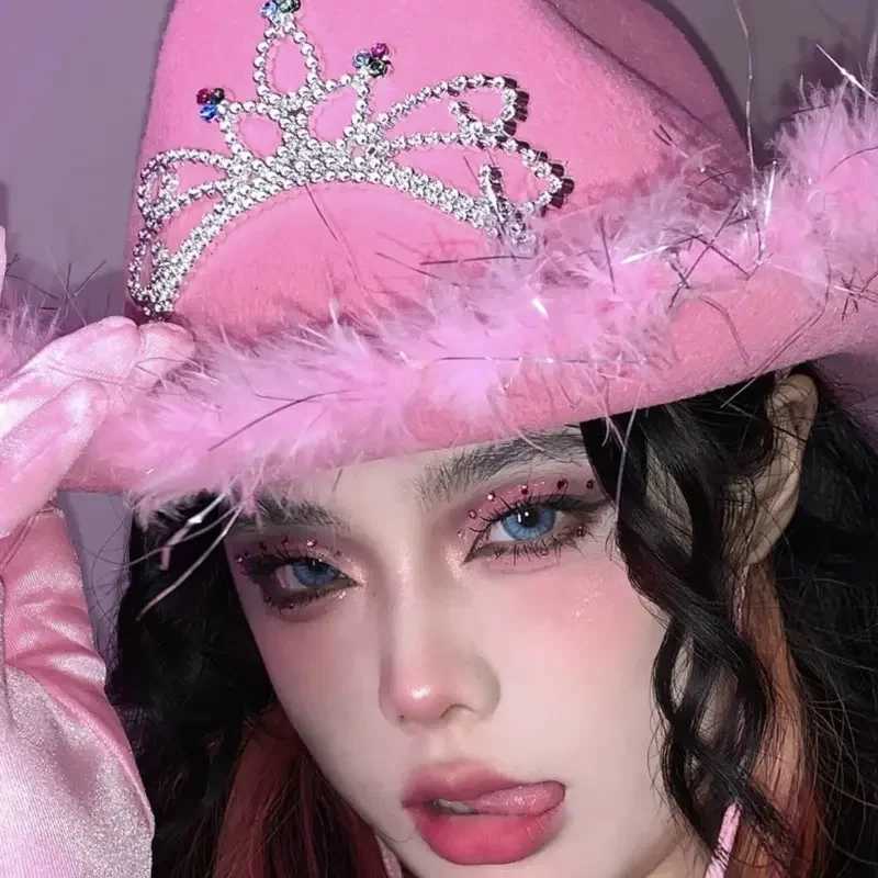 Western Cowboy Cs Pink Cowboy Hat Womens Headwear Luminous Cowboy Hat Holiday Clothing Party Hat Feather Edge Fedora C W241225