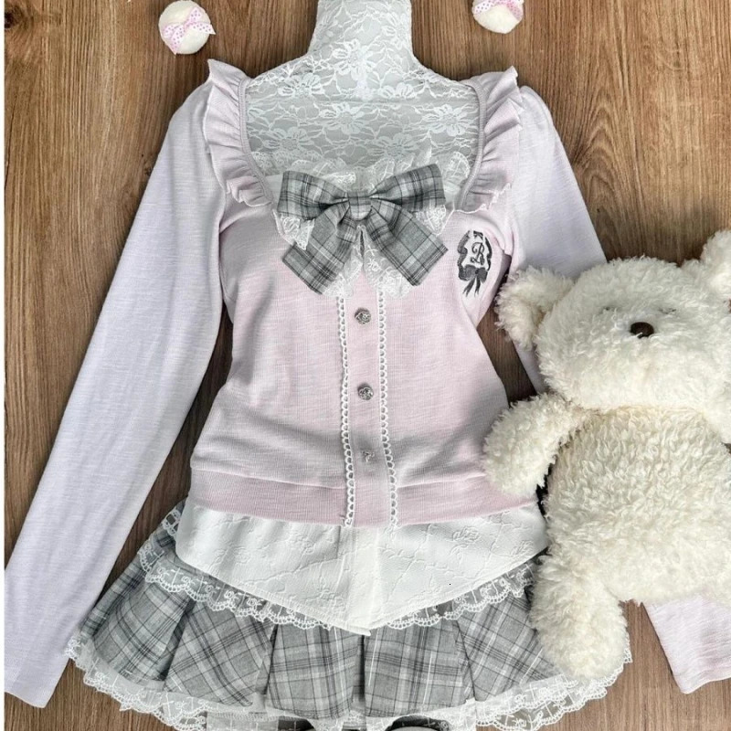 Autumn Winter Chic Solid 2piece Set Women Korean Fashion Long Sleeve Slim Square Neck Tops Elastic Waist Plaid Skirt Suit 241220