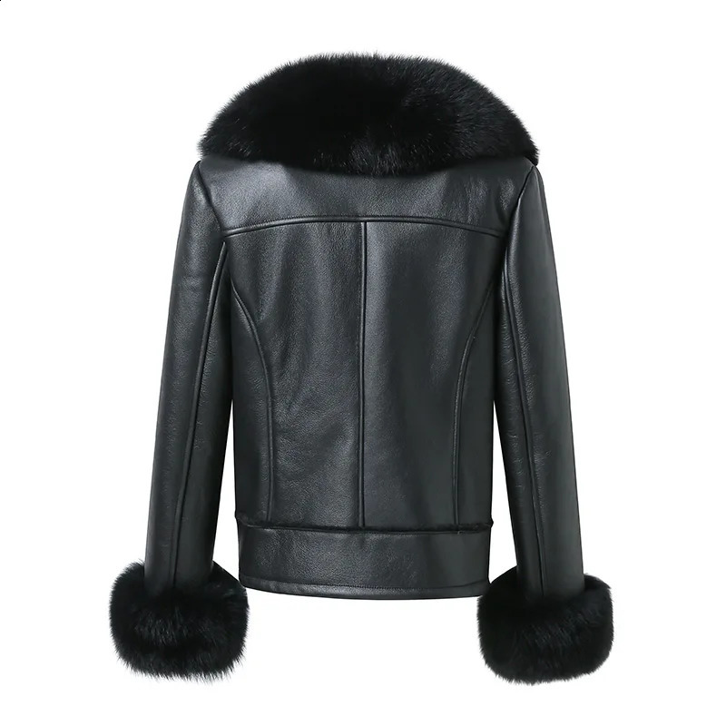 Real Shearling Jacket Real Fox Fur Collar Cuff Coats Women Winter Overcoats Genuine Sheepskin Leather Jacket NZ5397 241217