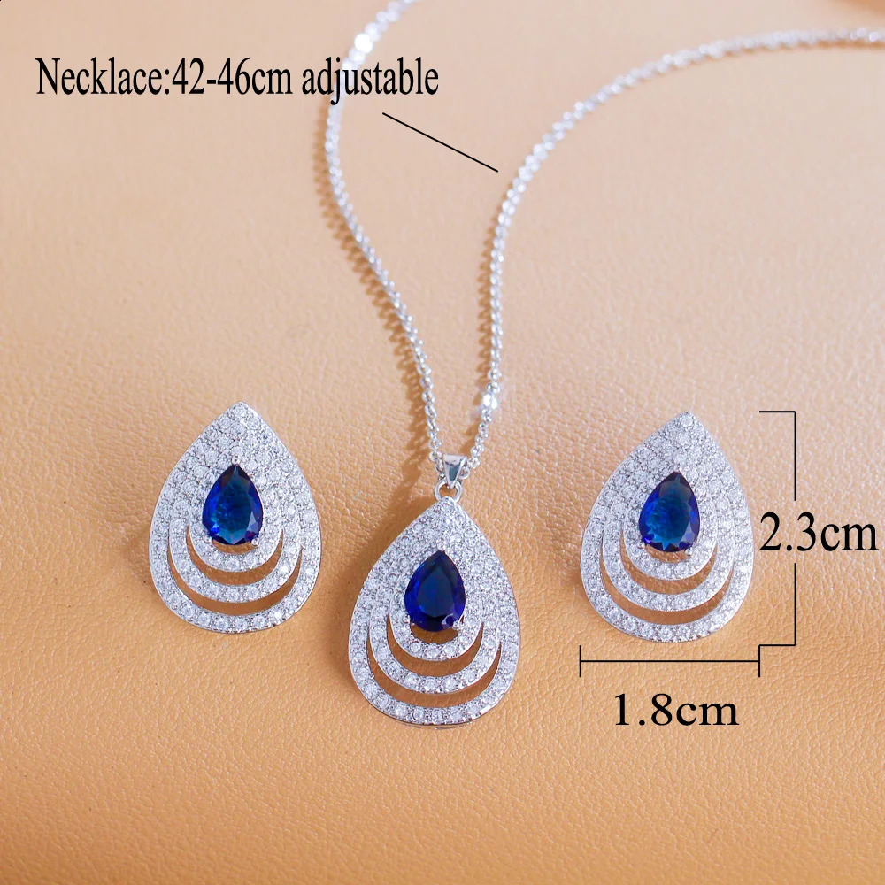 ThreeGraces Elegant Earrings and Necklace Ladies Blue Cubic Zirconia Teardrop Fashion Party Jewelry Set For Girls Women T1025 241226
