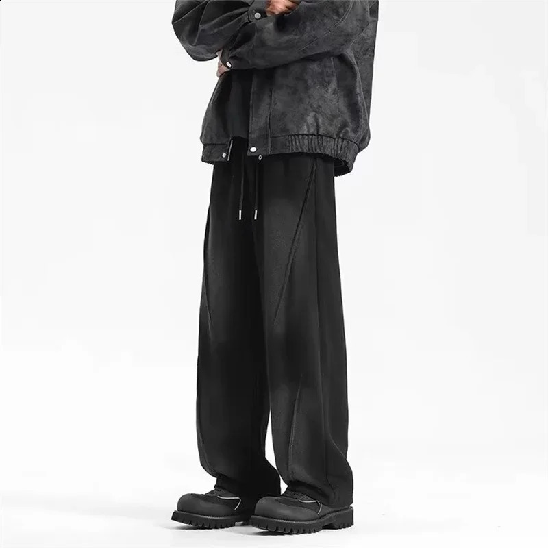 Autumn Mens High Street Pleated Straight Pants Korean Fashion Elastic Waist Pockets Trousers Y2K Vintage pantalones hombre 241224