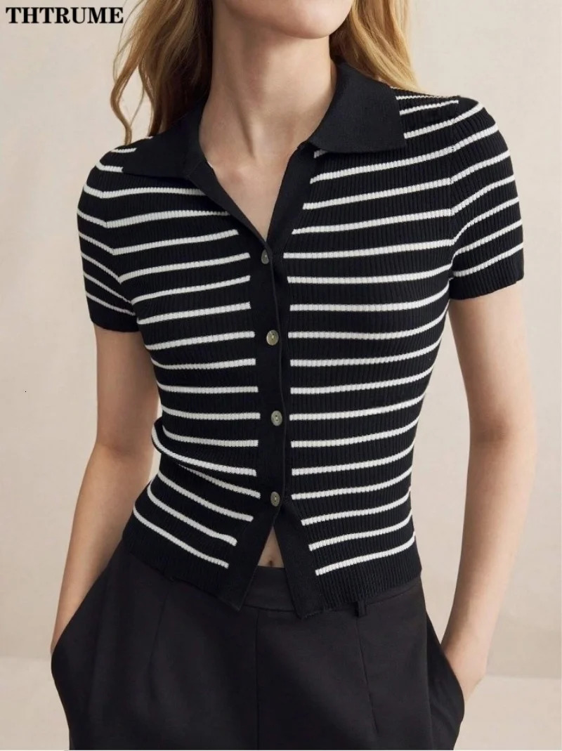 Spring Polo Collar Slim Cardigan Top Fashion Women Short Sleeve Single Breasted Striped Knit Sweaters Coats Casual Cardigans 241225