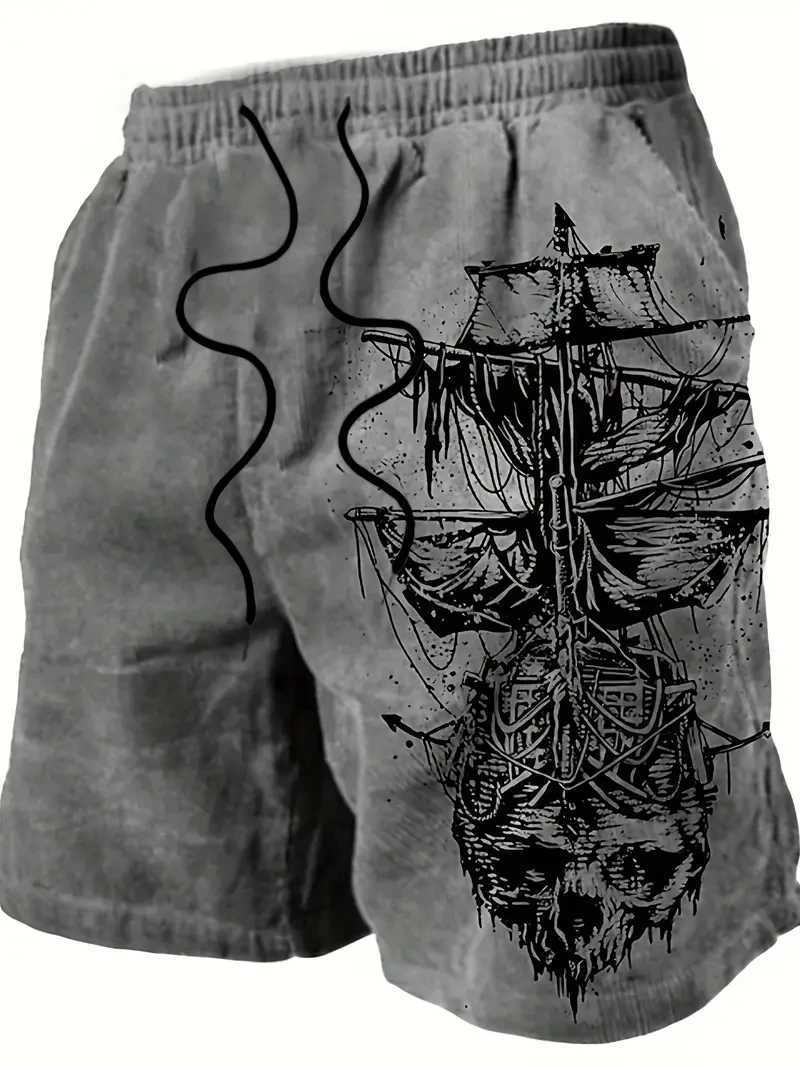 Mens beach pants skeleton pirate ship 3D printing mens summer casual breathable shorts mens clothing Bermuda mens shorts W241226