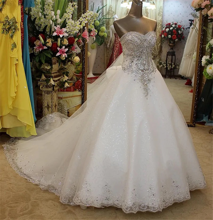 Real Photo A-Line Wedding Dresses Sweetheart Lace Crystal Beaded Diamond Luxury Formal Wedding Dress Custom Made