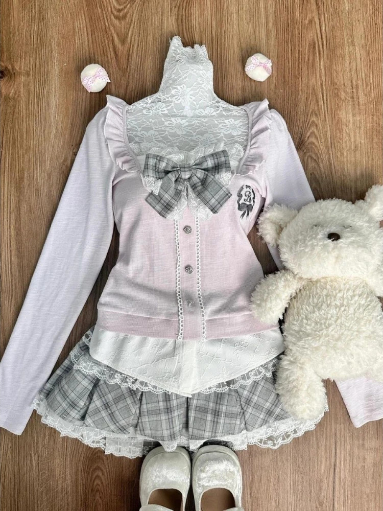 Autumn Winter Chic Solid 2piece Set Women Korean Fashion Long Sleeve Slim Square Neck Tops Elastic Waist Plaid Skirt Suit 241220