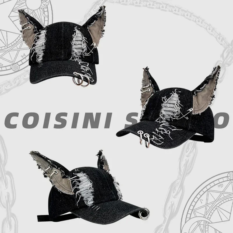 Black Y2K Devil Ears Denim Baseball Caps Women Summer Autumn Personality Versatile Retro Ripped Style Hip Hop Mens Hats 241225