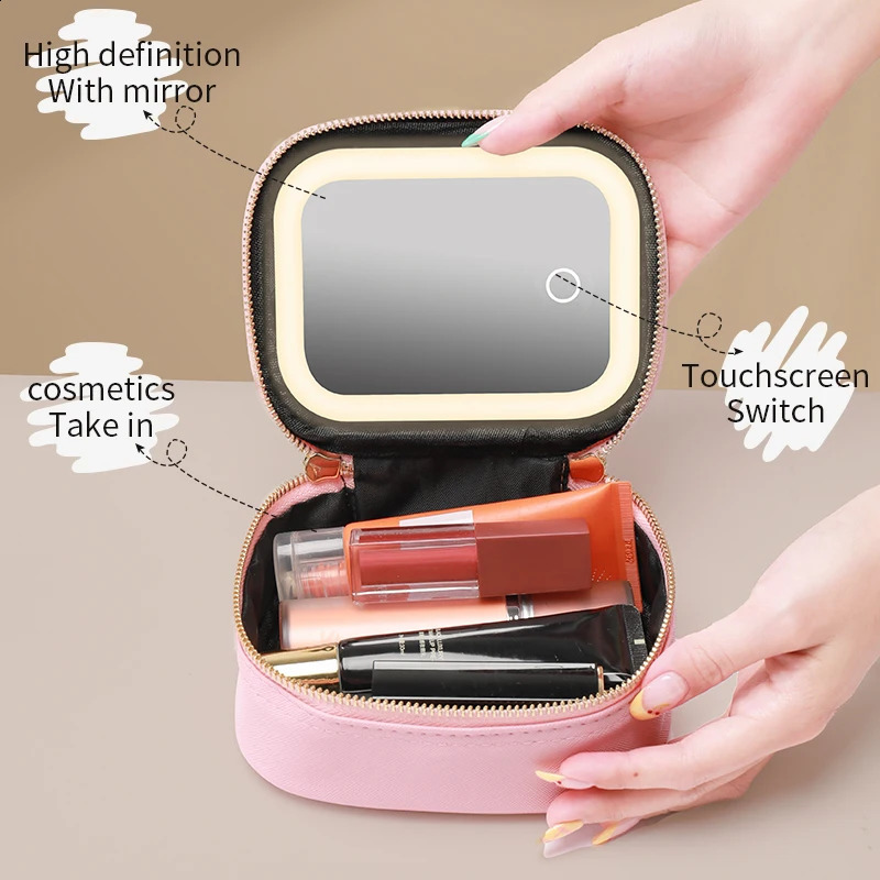 Portable Makeup bag With LED Light Mirror Cosmetic Storage BoxNecklace Earring Ring Organizer 241226