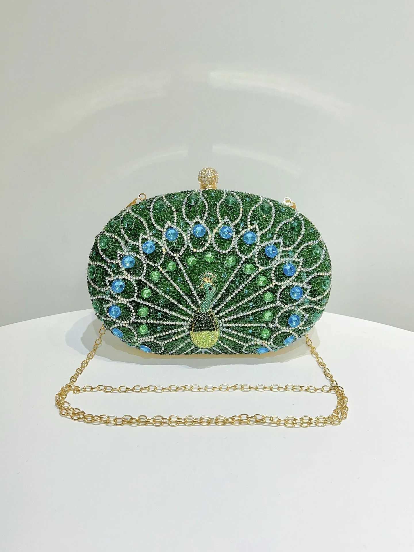 High Quality Light blue sapphire crystal peacock clutch womens evening bag wedding party dinner bride rhinestone handbag T241225