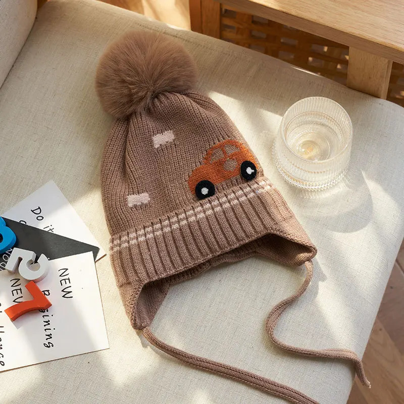 Winter Baby Boy Hat with Earflap Fur Ball Knitted Kids Beanie Caps Toddler Bonnet Hats Infant Accessories Fleece Lining 14Y 241225