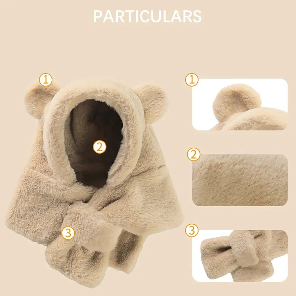 Childrens Solid Color Plush Scarf Hat Cute Cartoon Teddy bear Rabbit Warm Winter Windproof and Cold 241225