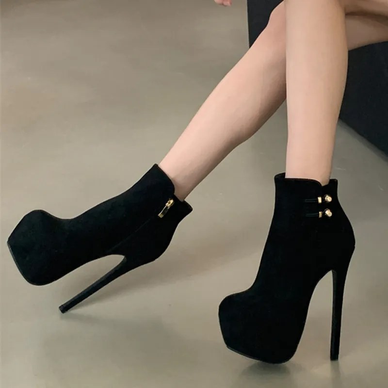 Fashion Boots Chic Elasticity Buckle Strap Women High Heels Platform Boots Sexy Zip Round Toe Pole Dance Extreme Shoes Black