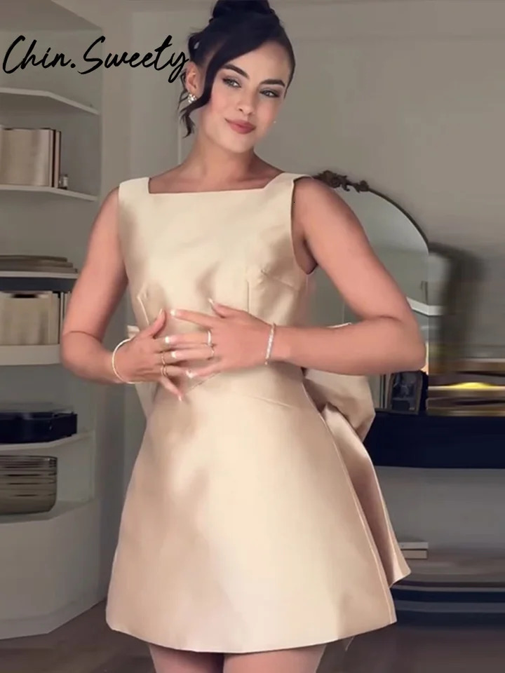 Christmas Big Bow Women Short Dress Sexy Sleeveless Backless Zippers Female Dresses 2025 Spring Party Evening Lady Cocktail Robe 241223