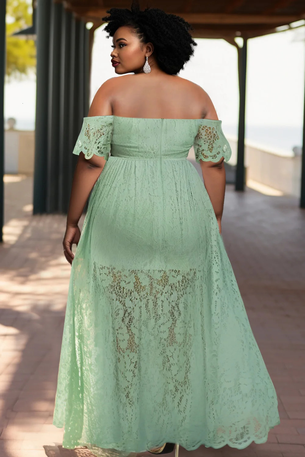 Plus Size Vacation Green Off the Shoulder Split Lace Maxi Dresses