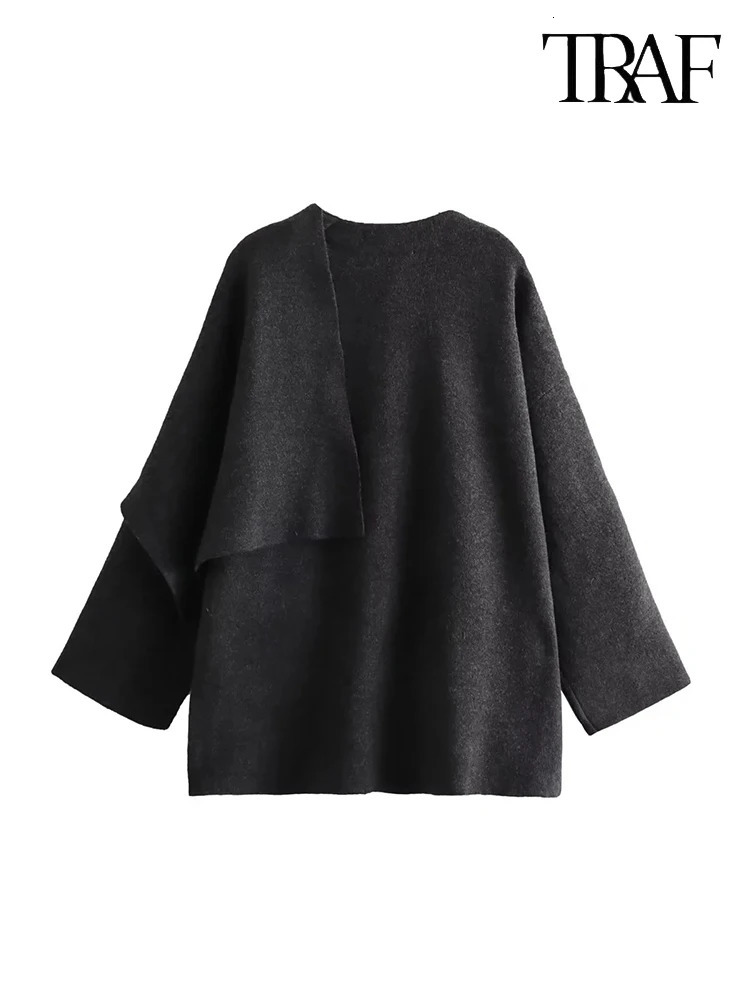 TRAF Womens Fashion Fall Winter Chic Scarf Jacket Long Sleeve Knitted Asymmetric Sexy Split Hem Loose Short 241225