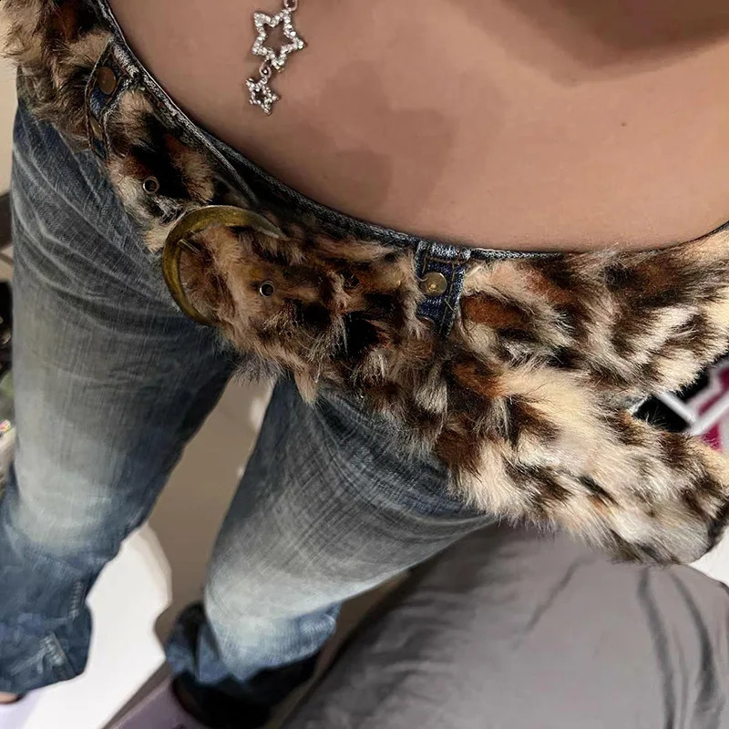 Autumn And Winter Punk Subculture Street Fashion Belt Y2k Plush Leopard Print Nightclub Girl Waist Slimming Decorative Belt 241226