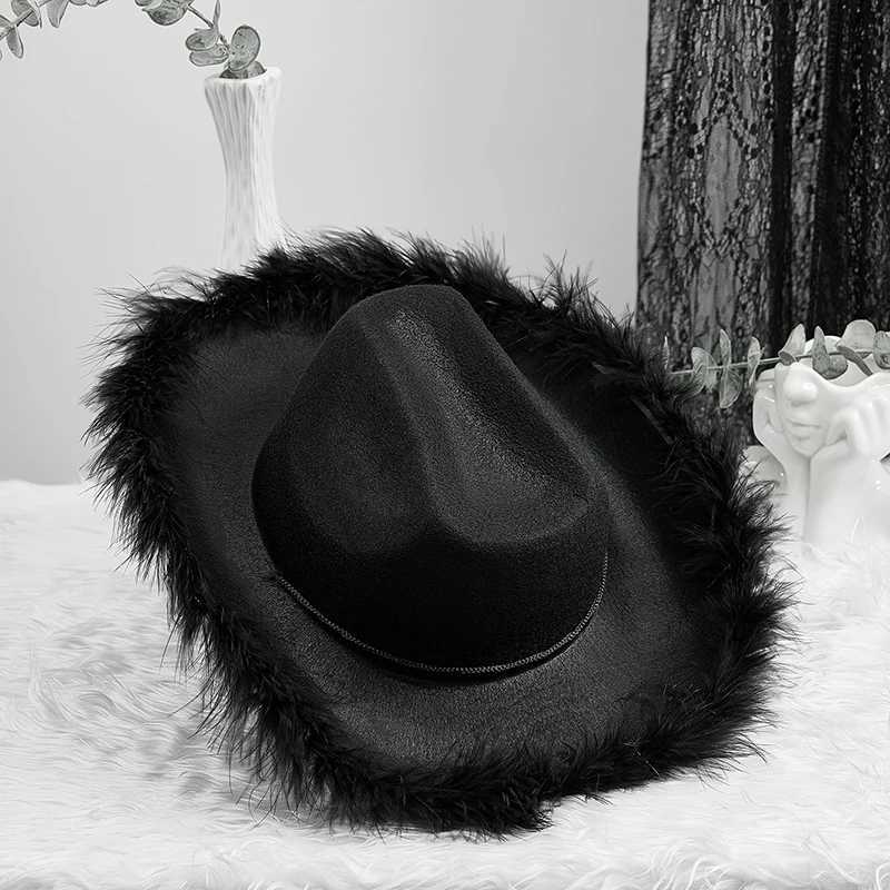 Womens denim hat adult solid color fur decoration wide brown hat female C used for dating parties outdoor camping Christmas decoration W241225