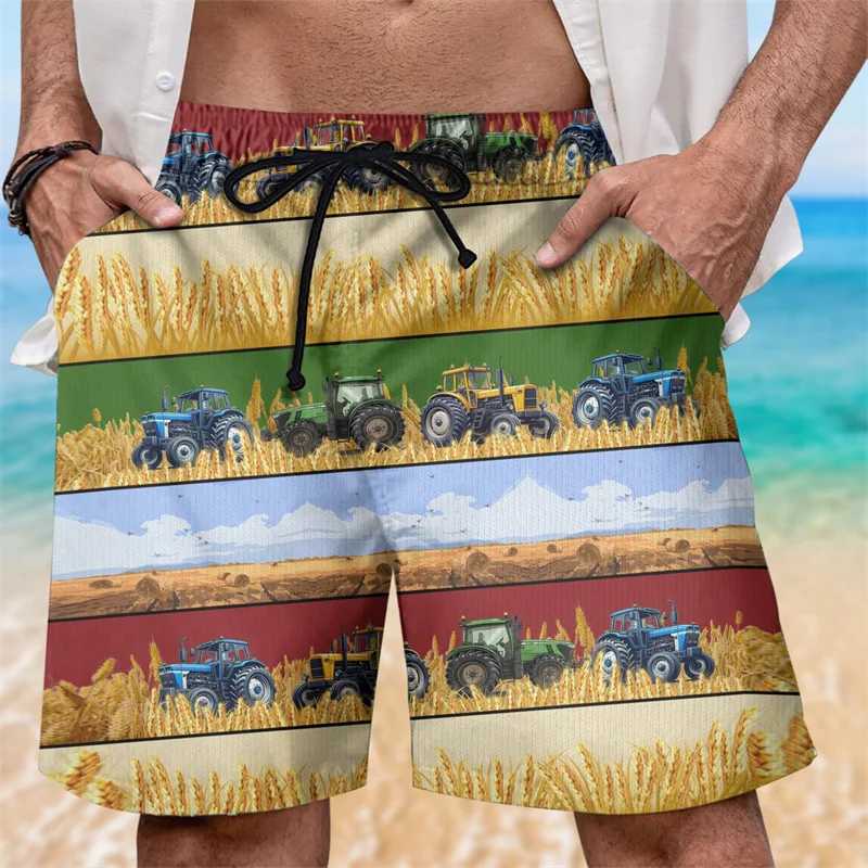 3D printed tractor mens shorts farm pattern beach shorts fashionable casual street oversized Hawaiian surfing swim trunks W241226