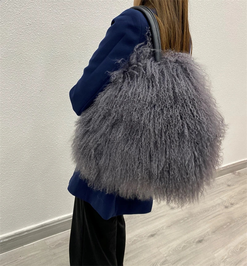 Factory Wholesale Fashion Real Mongolian Lamb Fur Bag Sheep Fur Shoulder Bag241226