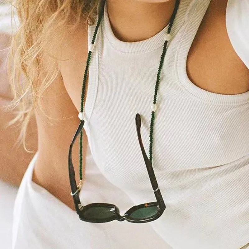 Bohemian Trendy High Quality Green Natural Stone Hanging Neck Glasses Chain Handmade Natural Pearl Embellishment Masking Chain 241226