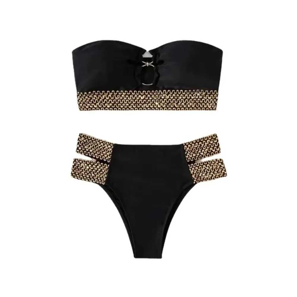 Sexy strapless bikini set Bandeau swimsuit womens swimsuit womens sparkling belt bikini set two-piece swimsuit beachwearW241225