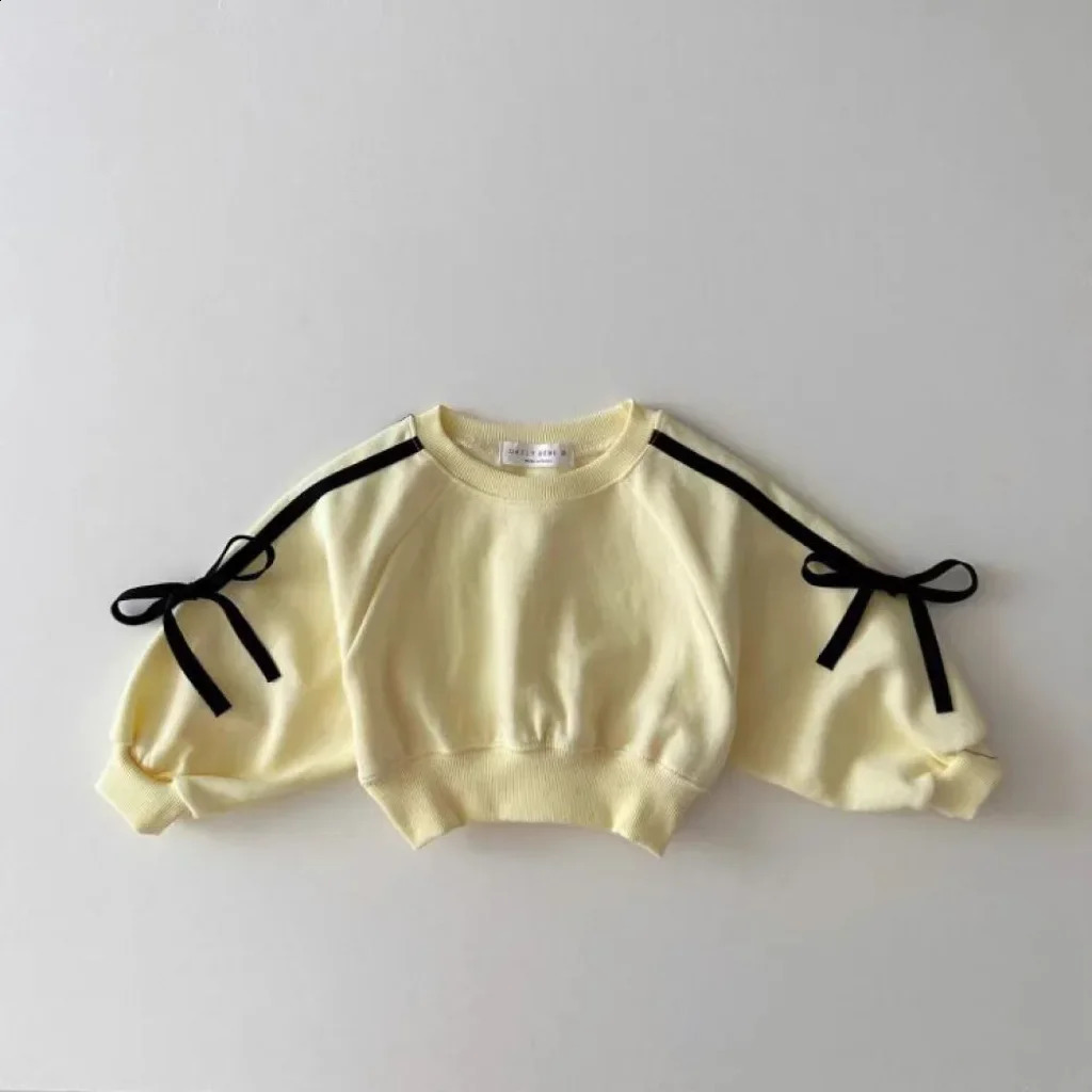 4295 Baby Clothing Set Autumn Korean Sports Girls Suit Bow Bar Splicing Sweater Pant Twopiece 241225