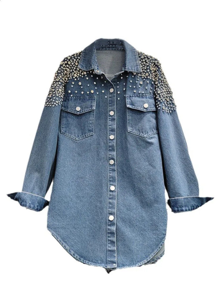 DEAT Fashion Diamonds Loose Denim Shirts Coat For Women Autumn Trendy Lapel Long Sleeve Pockets Jacket Females 29L7920 241223