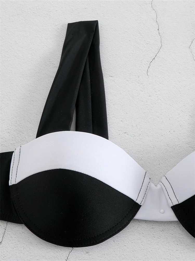 Push Up Black and White Splicing Bikini 2024 Sexy Comparison Underwear Ruffle T-shaped Swimsuit Brazilian Swimsuit Mini SwimsuitW241225