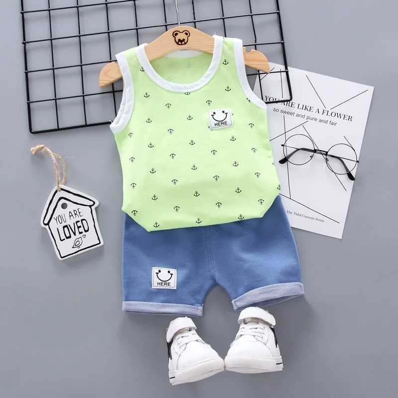 Clothing Sets Newborn Baby Clothes Print Boys Suit Summer Baby Girl 2 Pieces Suit Sleeveless Top+ Denim Short Toddler Boy Set Cotton OutfitsY241225QJH