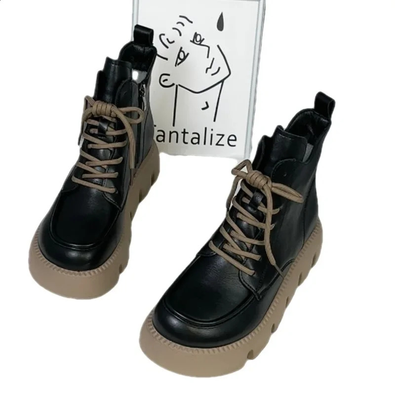Platform Short Shoes for Women with Laces Footwear Punk Booties Black Combat Lace-up Female Ankle Boots Round Toe Leather Boot 241226