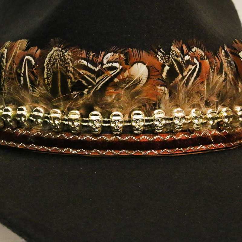 Retro Feather Skull Belt Unisex Womens Mens/Childrens Wool Wide Brim Sun Cowboy Western Cowboy Hat C 54-57-61cm W241225