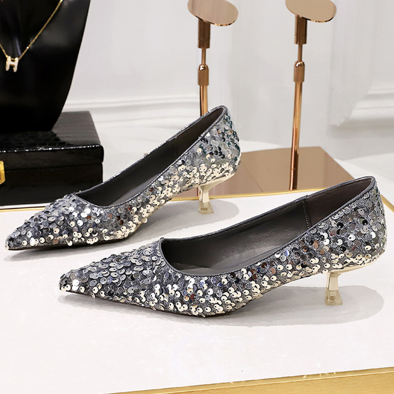 BIGTREE New Sequin Women's Sparkg Women Pumps Fashion Kitten Heels 4.5 Cm Low Heeled Banquet Shoes Size 43