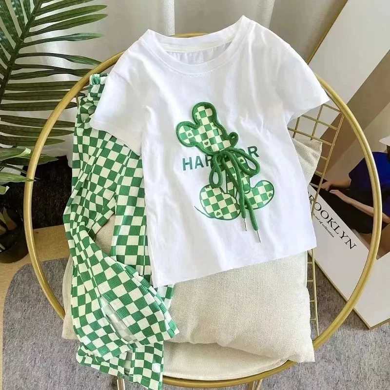 Clothing Sets Summer Baby Girls Clothes Set Toddler Kid Cartoon Bear T-shirt and Flared Pants Suit Children Short Sleeve Top Bottom TracksuitY241225DB