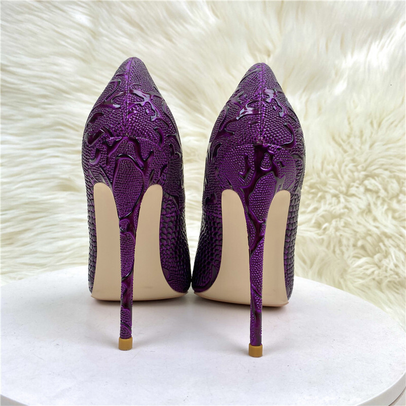 Purple Woman High Heeled Shallow Mouth Pointed Toe Slip On Unique Four Season All Game Pattern Snakes Shoes