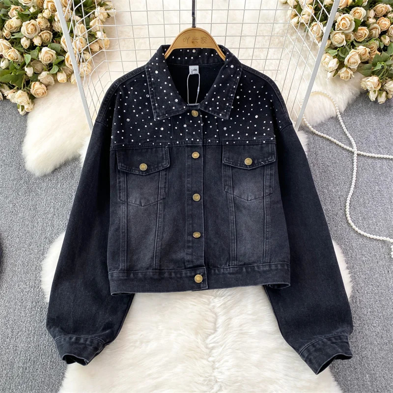 Korean Loose Women Short Denim Jacket Blue Black Diamond Lapel Casual Long Sleeve Spring Autumn Female Jeans Jacket Veste Femme 241223