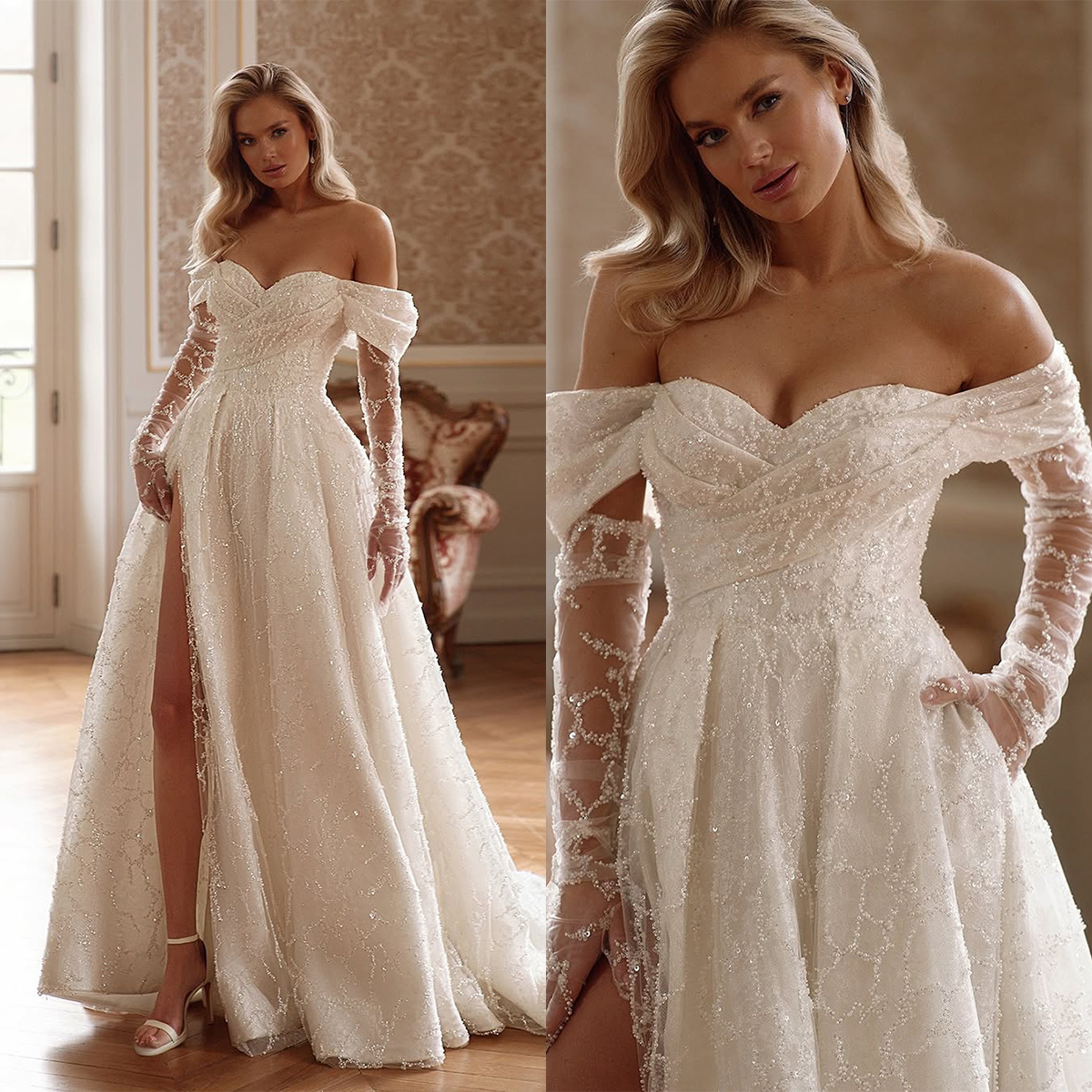 Elegant A-line Wedding Dresses Off Shoulder Long Sleeve Court Gown Custom Made Appliques Beading Sweep Train Plus Size Bridal Party Dresses Vestidos D