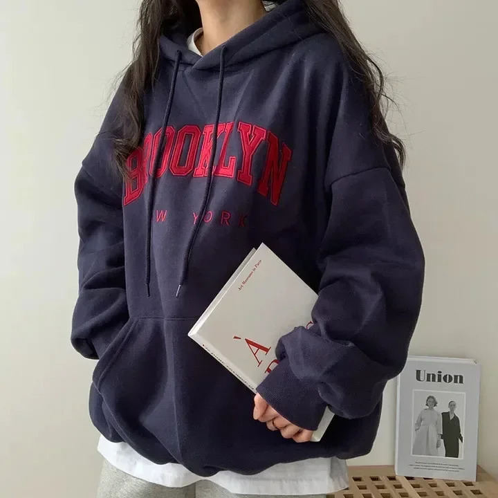American Style Embroidery Letter Hooded Sweatshirt Womens Loose Fit Thickened Fleece Lined Crossborder Clothing 241223