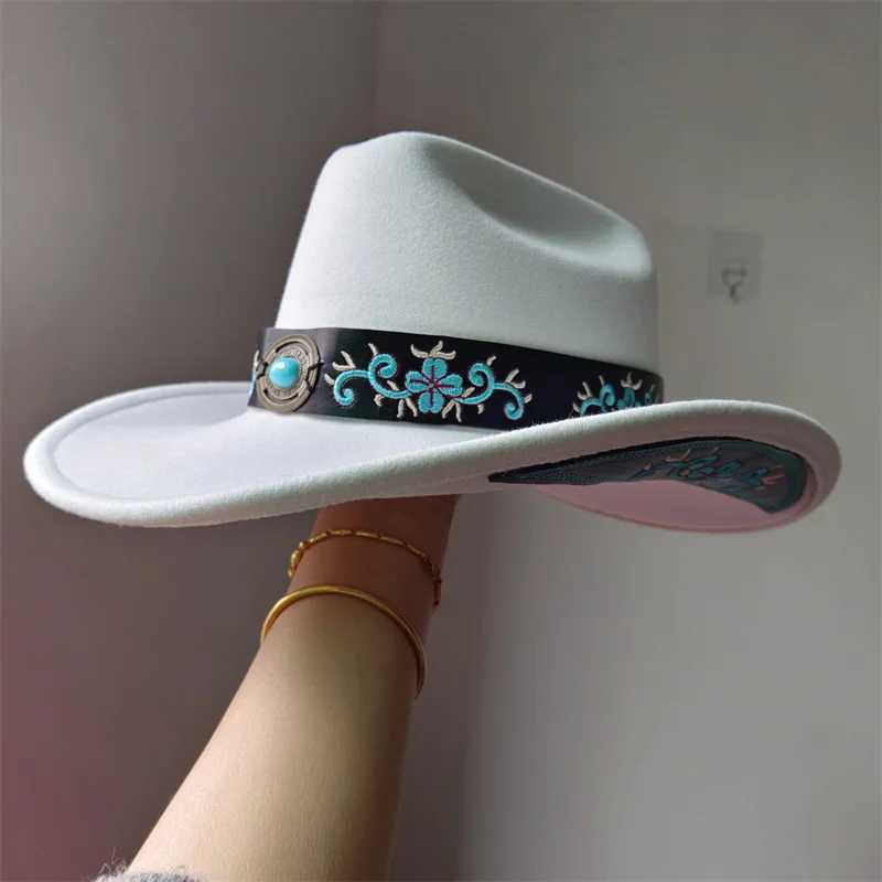 Western style denim hat with white decal denim hat mens and womens Panama hat retro elegant denim hat Sombrero Hombre W241225