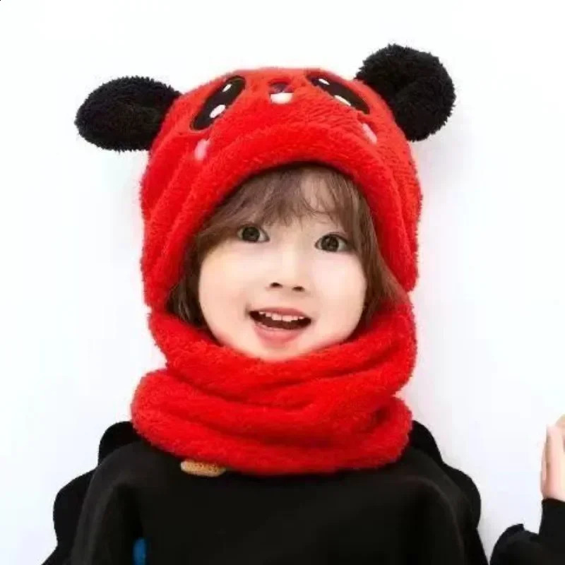 Cartoon Hat for Girls Boys Scarf Thicken Cap Winter Kids born Baby Stuff Children Plus Fleece Caps 115Years 241225