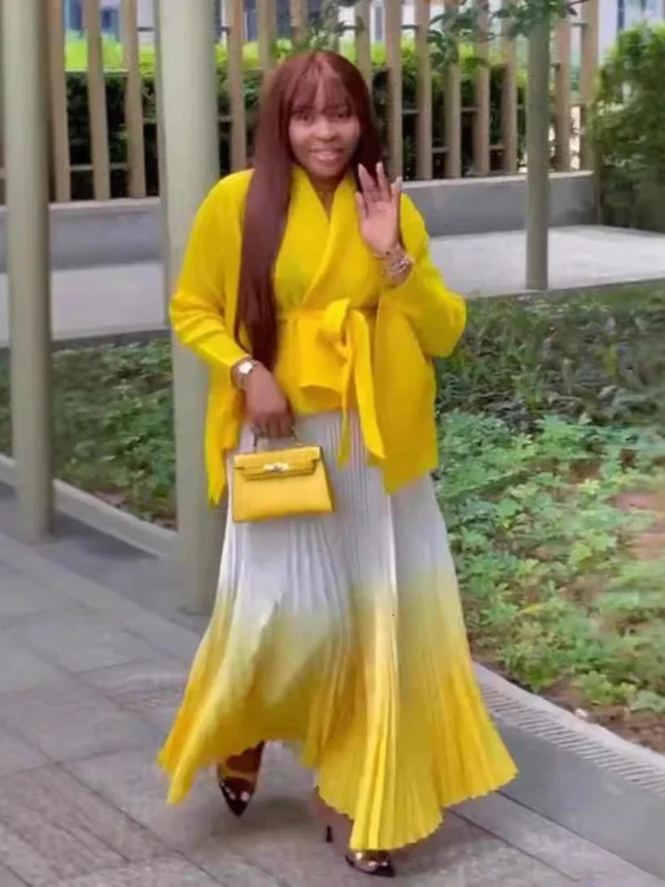 EGRM Gradient Pleated Fashion 2 Piece Set Women Belt Batwing Sleeves Tops Aline Long Dresses Elegant Party Sets 32C1389 241220